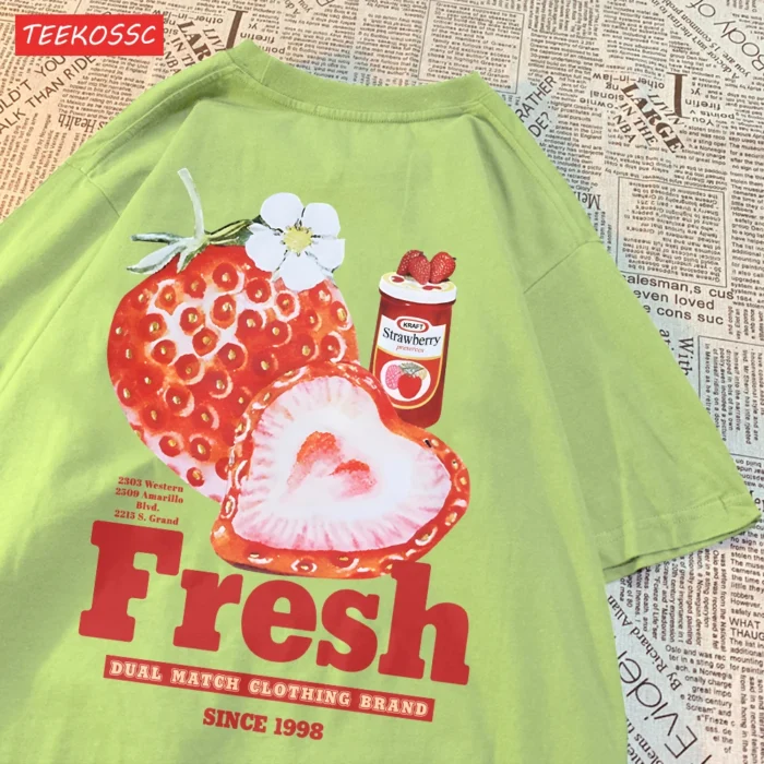 Summer Cotton Women T-Shirts Fresh Strawberry Retro Creative Printing Short Sleeve Oversize O-Neck Soft Casual Female Clothes