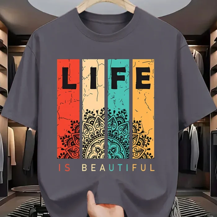 Summer fashion men's life print comfortable and breathable round neck T-shirt soft and breathable round neck Thsirt outdoor casu