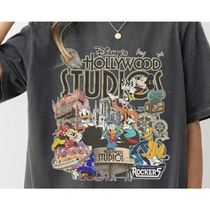 Women's Summer Disney Hollywood Studios Graphic Short Sleeve T Shirt Vintage Cartoon Character Casual Top for Theme Park Trips