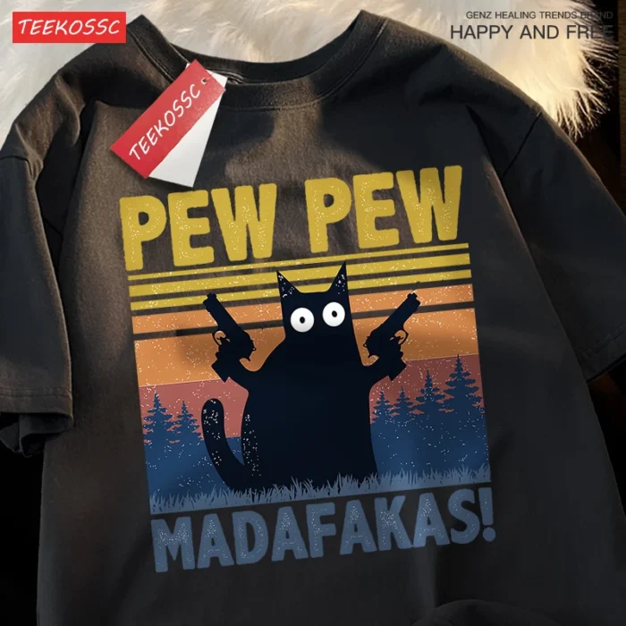 Pew Pew Madafakas Double Gun Cat Short Sleeve Oversized Breathable T Shirts Cotton Summer Clothing Street Casual Tshirt Men