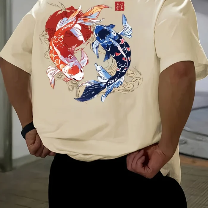 Koi Printed Pattern T-shirt Men's Loose and Comfortable Pure Cotton Round Neck Short Sleeve Fashion Casual Trend Men's Clothing