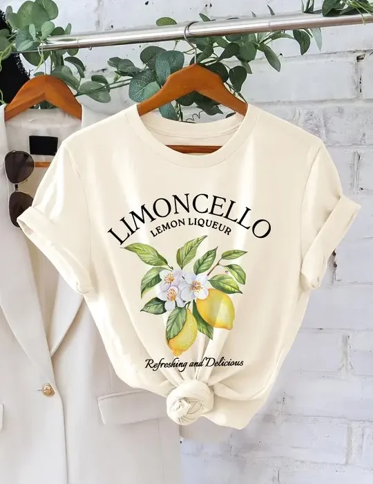 Lemon Letter Print T-shirt Short Sleeve Crew Neck Casual Top for Summer Women Kawaii Streetwear Graphic Tees Vintage Fruit Shirt