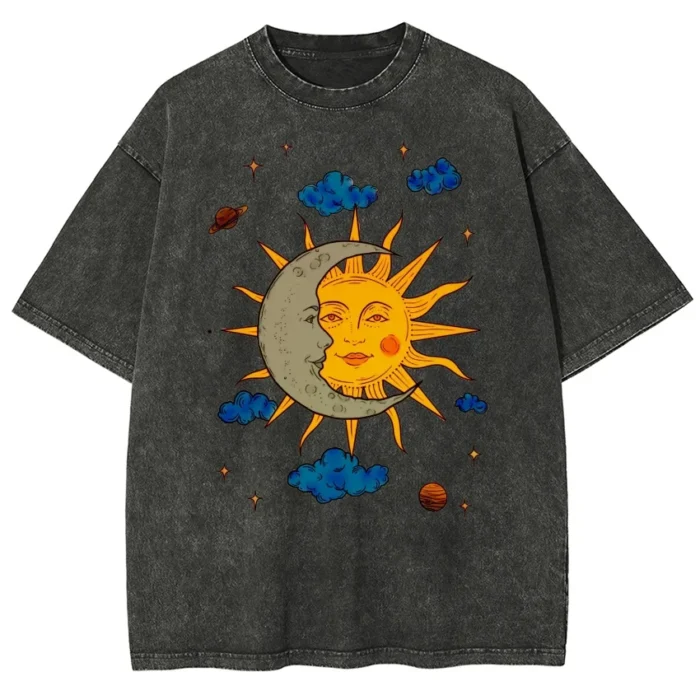 Men's Moon and Sun Printed T-shirt Oversized Short Sleeved Retro Washed Shirt Summer Top