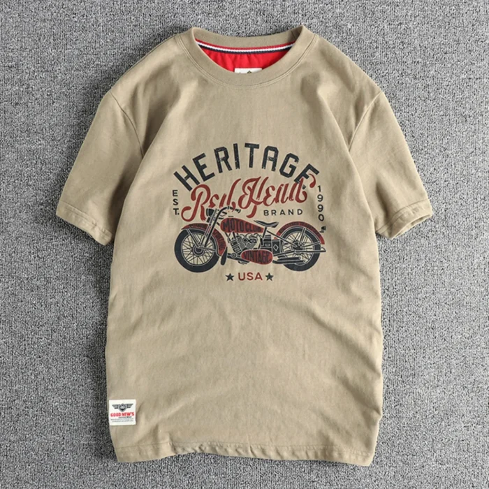 Vintage cotton short sleeve T-shirt Men's Motorcycle Print Summer May Khaki Youth half sleeve tee